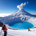 **

A vibrant, wide-angle shot of Nevados de Chillán ski resort in Chile. Show skiers enjoying the "powder snow" with the backdrop of a majestic volcano. Include a steaming volcanic hot spring in the foreground. The overall feel should be adventurous and inviting.

**